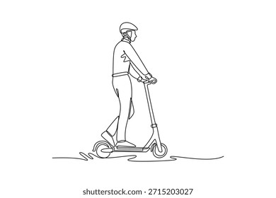 Single one line drawing man wearing helmet and jacket, riding electric scooter, looking forward. It emphasizes safe, personal urban commuting. Continuous line draw design graphic vector illustration