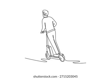 Uma única linha desenhando homem por trás, andando scooter elétrico. Movimento, velocidade de micromobilidade para viagens urbanas eficientes, rápidas e de última milha. Ilustração de vetor gráfico de design de desenho de linha contínua