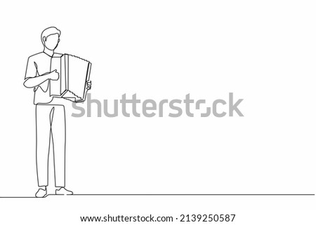 Single one line drawing man musician playing accordion. Male performer plays acoustic musical instrument. Accordionist perform playing music instrument. Continuous line draw design vector illustration