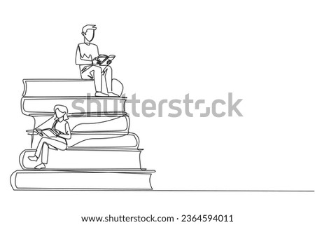 Single one line drawing man woman sitting on a pile of books reading a book. High interest in reading. Opening horizons of thinking. Book festival concept. Continuous line design graphic illustration