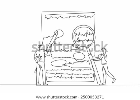 Single one line drawing man standing holding a big pen, woman holding a big magnifying glass. Marking mistakes in paper test. Edit. National Grammar Day. Continuous line design graphic illustration