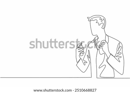 Single one line drawing man in shirt sprays perfume on neck. Look elegant and fragrant before going on a business trip. Calming. National Fragrance Day. Continuous line design graphic illustration