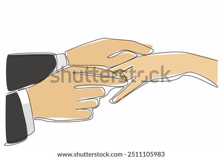 Single one line drawing a man is putting a ring on his partner's ring finger. Happy day. Proposing to the beloved woman. Engaged. National Proposal Day. Continuous line design graphic illustration