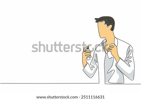 Single one line drawing man in shirt sprays perfume on neck. Look elegant and fragrant before going on a business trip. Calming. National Fragrance Day. Continuous line design graphic illustration