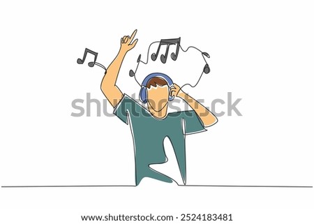 Single one line drawing man wearing headphones and holding it. Rejoice. Forget complicated problems. The best healing. Recovery. World Music Therapy Day. Continuous line design graphic illustration