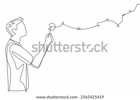 Single one line drawing man in casual clothes blows on dandelion and there are dandelion fragments flying. Blow the hopes sky high. Symbol. World Wish Day. Continuous line design graphic illustration