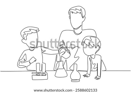 Single one line drawing a man accompanies 2 boys experimenting with measuring cups. Learn chemical reactions. Learning with fun. Child Care Provider Day. Continuous line design graphic illustration