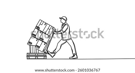 Single one line drawing man pushing hand pallet for moving box. Shipment and logistic concept. Continuous line draw design graphic vector illustration.
