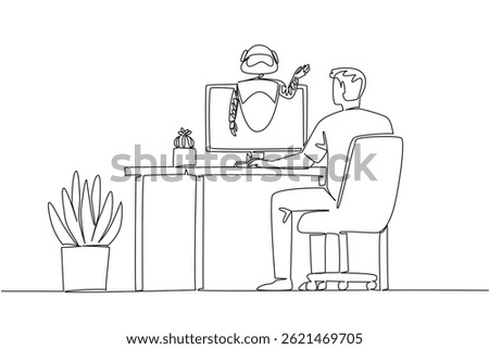 Single one line drawing man sits facing monitor that comes out of robot on work desk. Very sophisticated modern era. International Virtual Assistants Day. Continuous line design graphic illustration