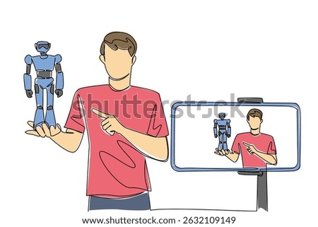 Single one line drawing a man holding robots and doing live streaming using a smartphone. Side job. Reviewing fancy robots. Live. National Streaming Day. Continuous line design graphic illustration