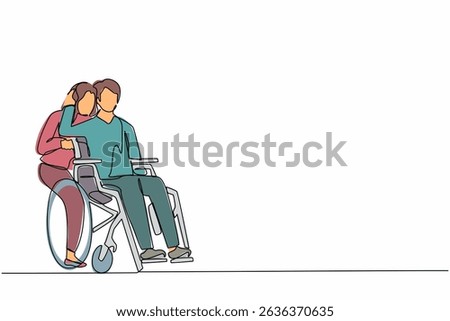Single one line drawing man sitting in wheelchair while wife standing behind and hugging him. Woman supporting husband during rehabilitation. Relationship concept. Continuous line draw design vector