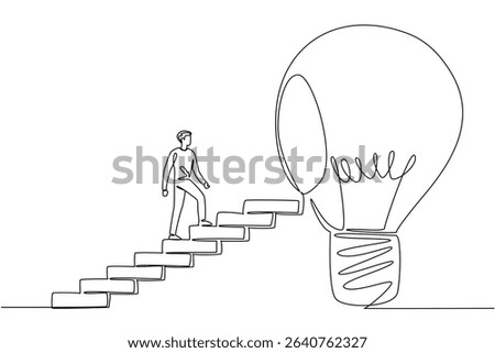 Single one line drawing a man walks up a ladder towards big lightbulb with hole in the center. Closing the gap. Clearing the mind. National Creativity Day. Continuous line design graphic illustration