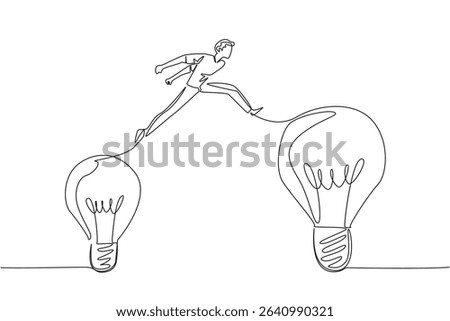 Single one line drawing a man jumps from a small lightbulb to a large light bulb. Moving freely is the result of positive thinking. National Creativity Day. Continuous line design graphic illustration