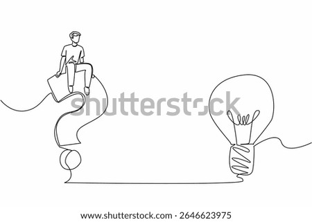 Single one line drawing a man sitting on big question mark symbol and a lightbulb. Confusion with big problems. Think more clearly. National Creativity Day. Continuous line design graphic illustration