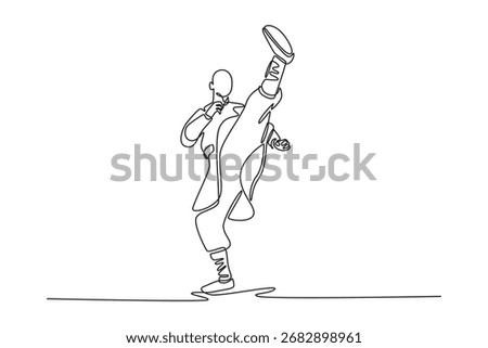 Single one line drawing man perform perfect vertical high kick, immense power, precision, flexibility, disciplined Shaolin Kung Fu practitioner. Continuous line draw design graphic vector illustration