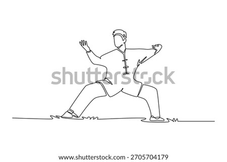 Single one line drawing man Wushu athlete is in low, horse stance with arms extended in defensive or offensive pose. Power, balance, discipline. Continuous line draw design graphic vector illustration