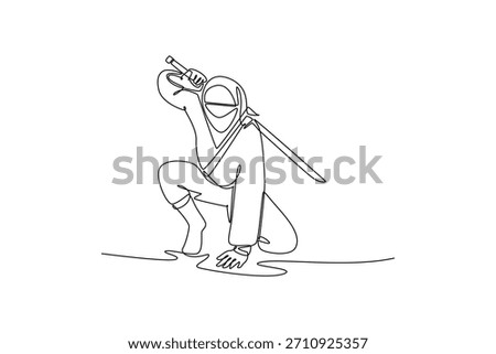 Single one line drawing man ninja poised in deep crouching stance holding katana sword ready to strike, illustrating stealth and focused action. Continuous line draw design graphic vector illustration