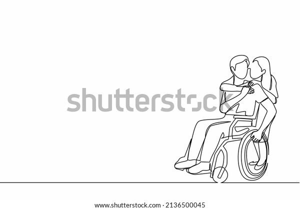 Single one line drawing man in wheelchair after
car accident and his wife to give encouragement. Mutual care has
made people with disabilities equality in society. Continuous line
draw design vector