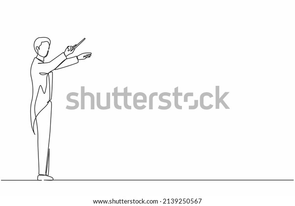 Single one line drawing man music conductor. Male\
musician perform on stage directing symphony orchestra. Classical\
music performance, instrumental ensemble. Continuous line draw\
design graphic vector