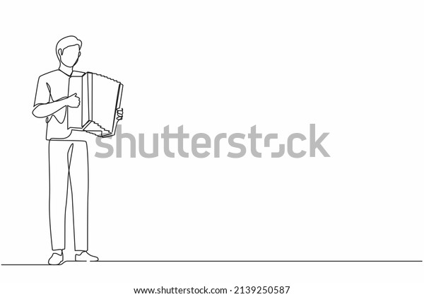 Single one line drawing man musician playing
accordion. Male performer plays acoustic musical instrument.
Accordionist perform playing music instrument. Continuous line draw
design vector
illustration