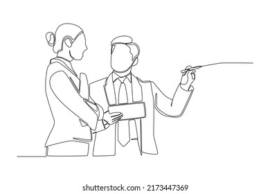 Single one line drawing manager is giving directions about her duties. Career success concept. Continuous line draw design graphic vector illustration.