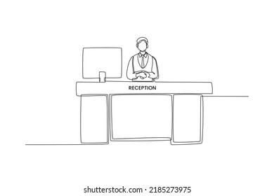 Single one line drawing manager behind registration desk. Receptionist and guests. Hotel activity concept. Continuous line draw design graphic vector illustration.