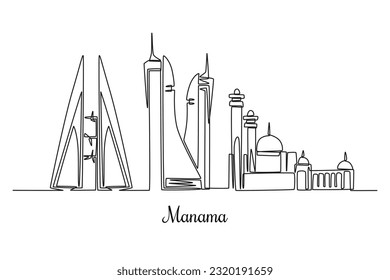 Single one line drawing Manama city skyline. City concept. Continuous line draw design graphic vector illustration.