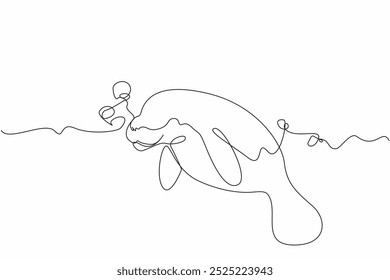 Single one line drawing the manatee swimming with lots of air bubbles. Marine biota. Maintaining the balance of marine life. Manatee Appreciation Day. Continuous line design graphic illustration