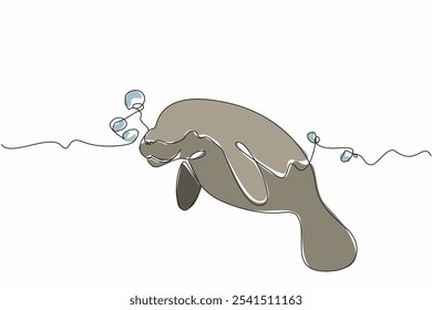 Single one line drawing the manatee swimming with lots of air bubbles. Marine biota. Maintaining the balance of marine life. Manatee Appreciation Day. Continuous line design graphic illustration