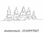 Single one line drawing many large pine trees lined up. Greening action. Reducing unnecessary carbon substances. Environment. International Day of Forests. Continuous line design graphic illustration