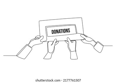 Single one line drawing many hand take donation ticket. World charity day concept. Continuous line draw design graphic vector illustration.