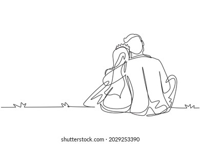 Single one line drawing married people in love sit hugging   looking at moon   stars  Cute man   woman enjoying romantic landscape and wedding dress  Continuous line draw design graphic vector
