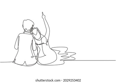 Single one line drawing married girl in love sit lay shoulder her husband   looking at moon   stars  Man   woman enjoying romantic night together  Continuous line draw design graphic vector