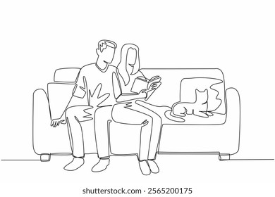 Single one line drawing a married couple sitting together on the sofa reading a book. Reading a family romance story. True love. National Pet Parents Day. Continuous line design graphic illustration