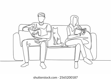 Single one line drawing a married couple sitting on sofa while both reading a book. Have the same hobbies and passions. Science. National Pet Parents Day. Continuous line design graphic illustration