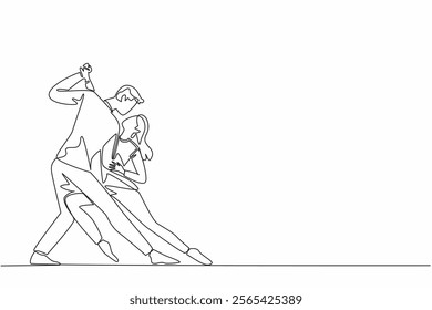 Single one line drawing married couple dancing on the dancefloor. Music makes the dance feel more romantic. Looking into the eyes. International Dance Day. Continuous line design graphic illustration