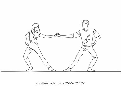 Single one line drawing married couple dancing on the dance floor. The harmonious opposite dance. The compactness of young couples. International Dance Day. Continuous line design graphic illustration