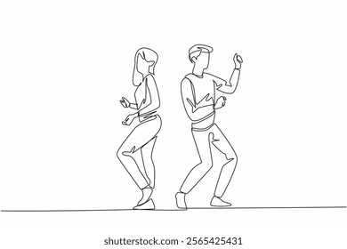 Single one line drawing married couple dancing on the dance floor. Pop music is played. Partying until late. Matched pair. Fun. International Dance Day. Continuous line design graphic illustration