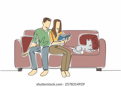 Single one line drawing a married couple sitting together on the sofa reading a book. Reading a family romance story. True love. National Pet Parents Day. Continuous line design graphic illustration