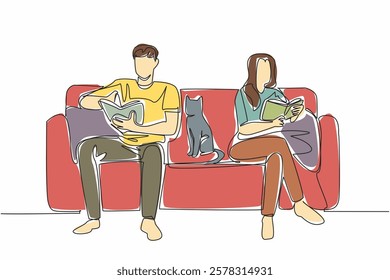 Single one line drawing a married couple sitting on sofa while both reading a book. Have the same hobbies and passions. Science. National Pet Parents Day. Continuous line design graphic illustration