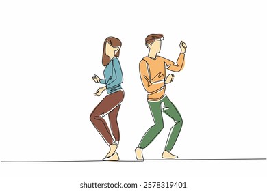 Single one line drawing married couple dancing on the dance floor. Pop music is played. Partying until late. Matched pair. Fun. International Dance Day. Continuous line design graphic illustration