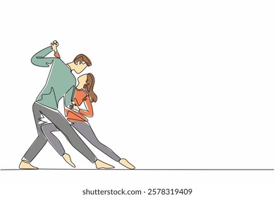 Single one line drawing married couple dancing on the dancefloor. Music makes the dance feel more romantic. Looking into the eyes. International Dance Day. Continuous line design graphic illustration