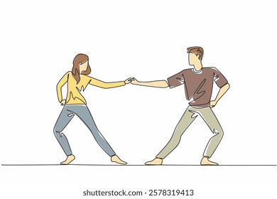 Single one line drawing married couple dancing on the dance floor. The harmonious opposite dance. The compactness of young couples. International Dance Day. Continuous line design graphic illustration