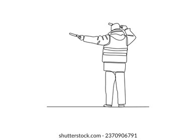 Single one line drawing of marshaller directnig the plane at airport. Ground Crew Signaling To Airplane at the airport. Airport activity concept. Continuous line draw design graphic vector.