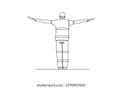 Single one line drawing of marshaller directnig the plane at airport. Ground Crew Signaling To Airplane at the airport. Airport activity concept. Continuous line draw design graphic vector.