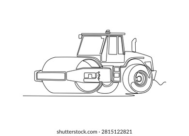 Single one line drawing massive industrial road roller compactor truck from side view, capturing the machinery details, massive flattening drum. Continuous line draw design graphic vector illustration