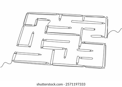 Single one line drawing maze made of colored pencils. Brain training game to find a way out. Pleasant. The problem solver. Educational. World Labyrinth Day. Continuous line design graphic illustration