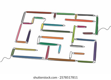 Single one line drawing maze made of colored pencils. Brain training game to find a way out. Pleasant. The problem solver. Educational. World Labyrinth Day. Continuous line design graphic illustration