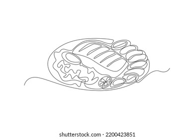 Single one line drawing meat plate  Thanks giving concept  Continuous line draw design graphic vector illustration 