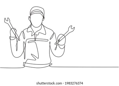 Single one line drawing mechanic with celebrate gesture and holding wrench works to fix broken car engine in garage. Success business. Modern continuous line draw design graphic vector illustration